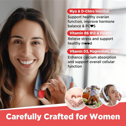 Yutiny Myo-Inositol & D-Chiro Inositol Gummies, Vitamin B6 B12 & Folate for Women, Vegan, Sugar Free, Strawberry Flavour, 60 Count
