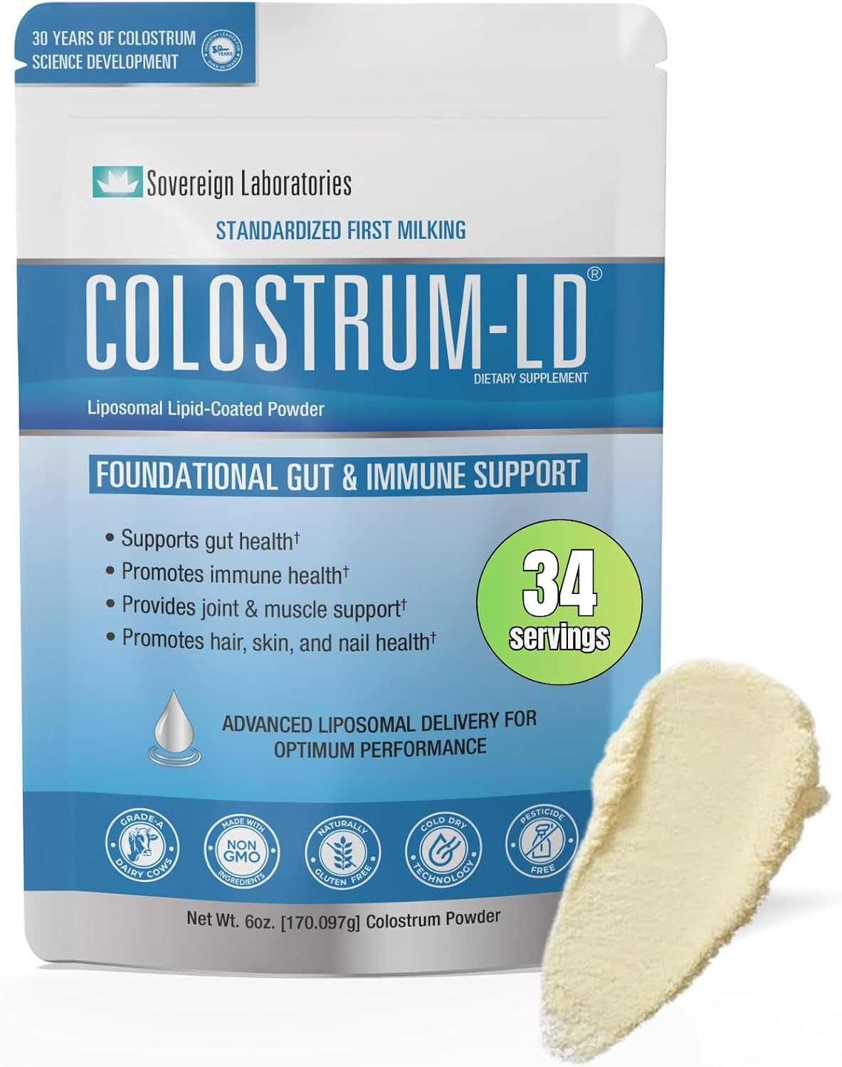 Sovereign Laboratories Colostrum-LD Liposomal Delivery Colostrum Powder, Gluten-Free, Lactose-Reduced, 454g (16 oz, 90 Servings) - görsel 9