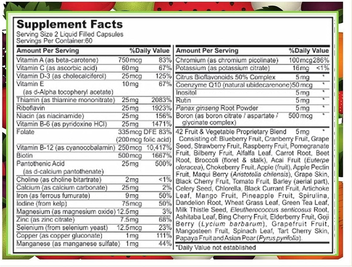 SJJ DEPOT Multivitamin Fruit & Vegetable Liquid Capsules - Daily Multivitamin for Women, Men, Seniors (120 Capsules) - görsel 2