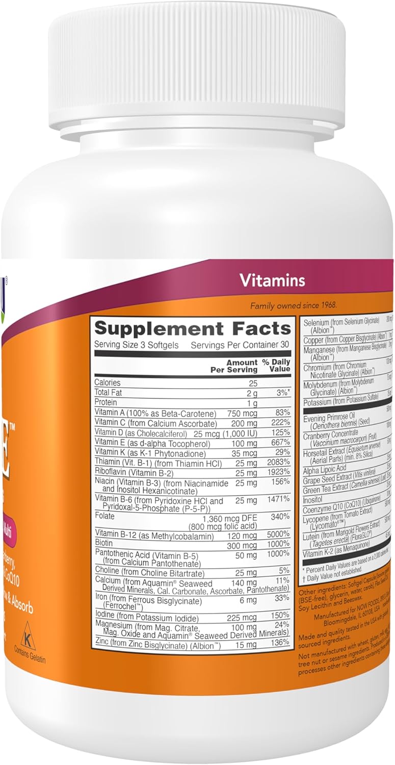 NOW Foods Supplements, Eve™ Women's Multivitamin with Evening Primrose, Cranberry, Green Tea, Horsetail Silica & CoQ10, 90 Softgels - görsel 2