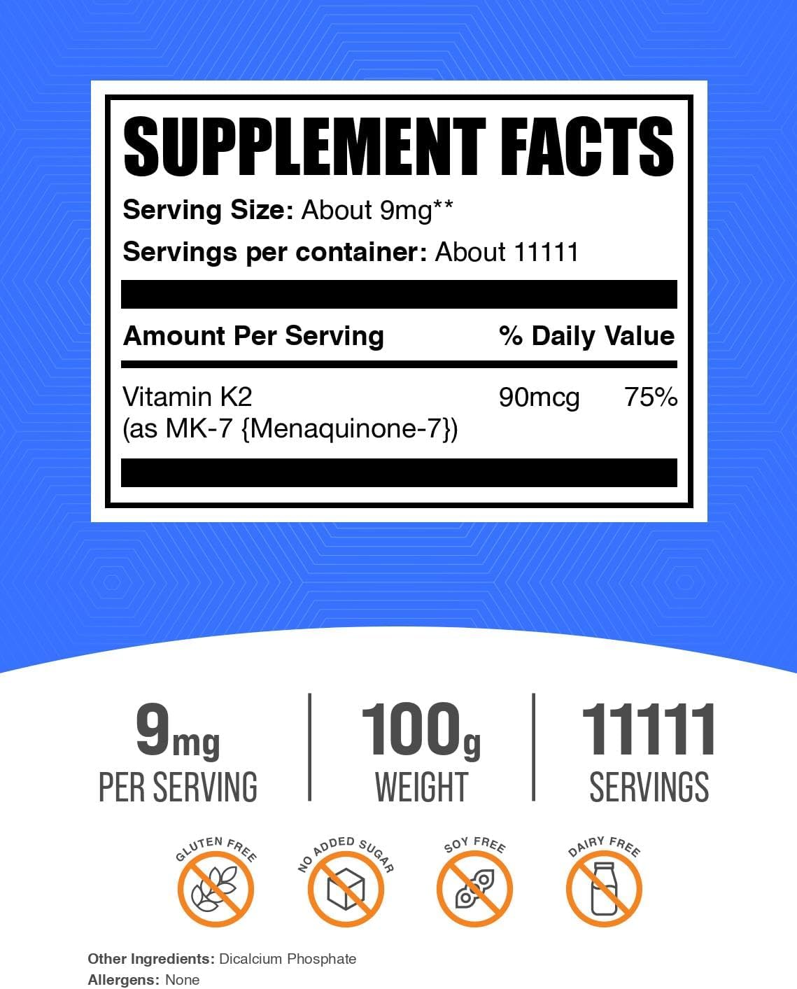 BulkSupplements.com Vitamin K2 Powder - Vitamin K2 MK-7, as Menaquinone Powder - K2 Vitamin Supplement for Wellness, Gluten-free, 9mg per Serving, 100g - görsel 2