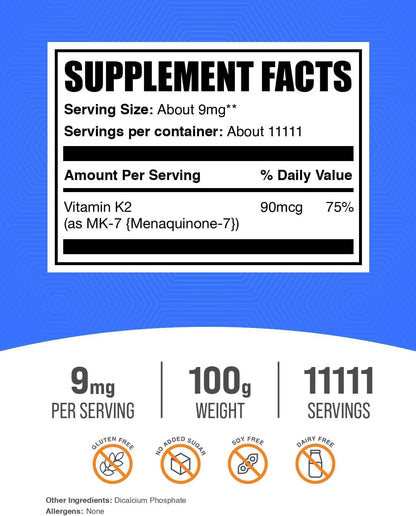 BulkSupplements.com Vitamin K2 Powder - Vitamin K2 MK-7, as Menaquinone Powder - K2 Vitamin Supplement for Wellness, Gluten-free, 9mg per Serving, 100g