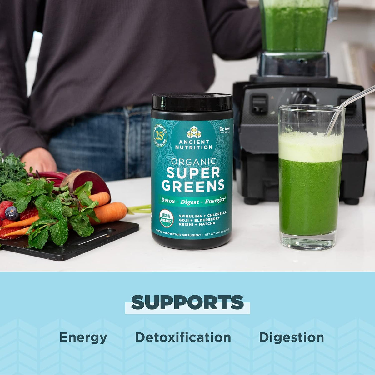 Ancient Nutrition Organic Super Greens Powder - Spirulina, Chlorella, Probiotics, 25 Servings - görsel 2