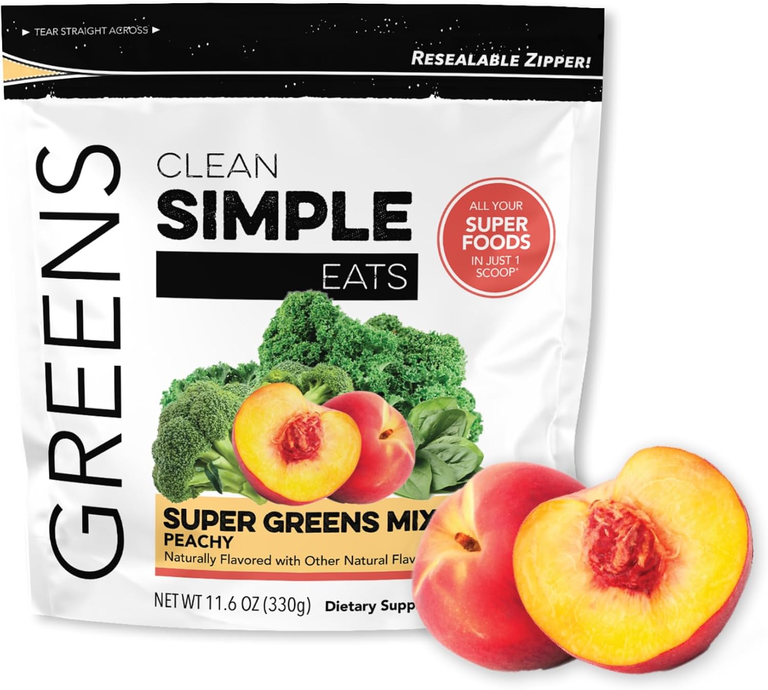 Clean Simple Eats Super Greens Powder, Naturally Flavoured Greens Powder with Chlorella, Spirulina, Superfoods & Prebiotic Fibre, No Artificial Ingredients, Gluten-free, Peachy Greens Flavour, 30 Servings - görsel 1