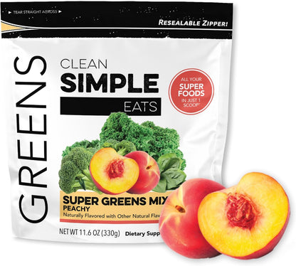Clean Simple Eats Super Greens Powder, Naturally Flavoured Greens Powder with Chlorella, Spirulina, Superfoods & Prebiotic Fibre, No Artificial Ingredients, Gluten-free, Peachy Greens Flavour, 30 Servings