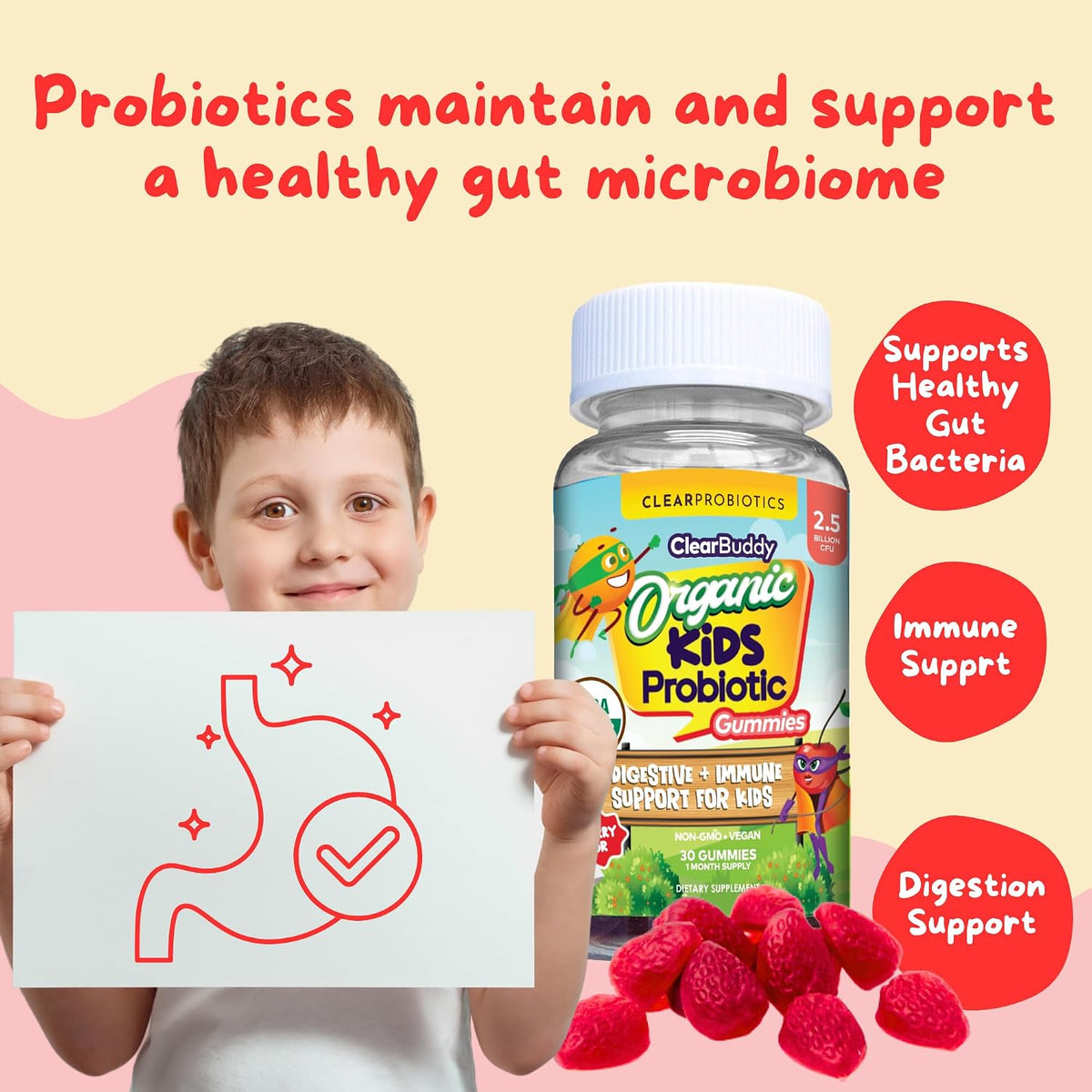 Clear Buddy Probiotics for Kids Ages 2–6 | USDA Organic Gummies with DE111 | Immune & Digestive Support | 30-Day Supply - görsel 7