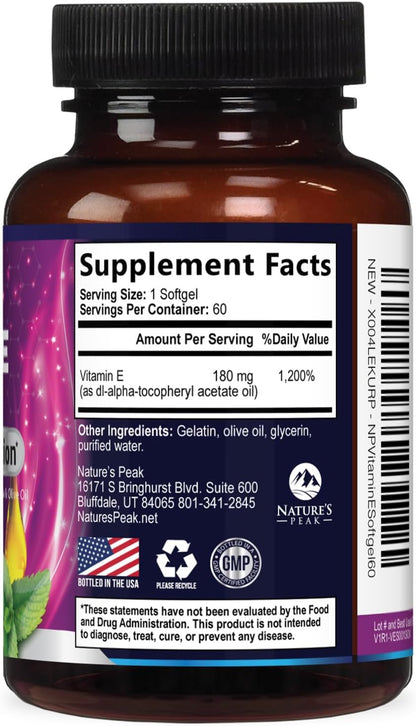 Vitamin E 180 mg Per Serving Soft gel capsules - DL-Alpha Tocopherol, Antioxidant Supplement for Skin, Heart, and Immune Support, Non-GMO & Gluten-free - 60 Soft gel capsules