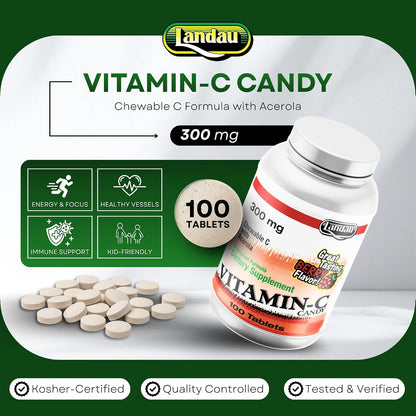 LANDAU Chewable Vitamin C 300mg with Acerola - Berry Flavour, 100 Tablets