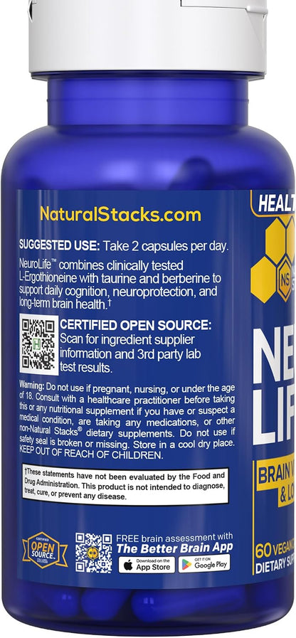 NeuroLife Longevity Supplement - 500mg Taurine & 400mg Berberine - with MitoPrime L-Ergothioneine - 60 Capsules