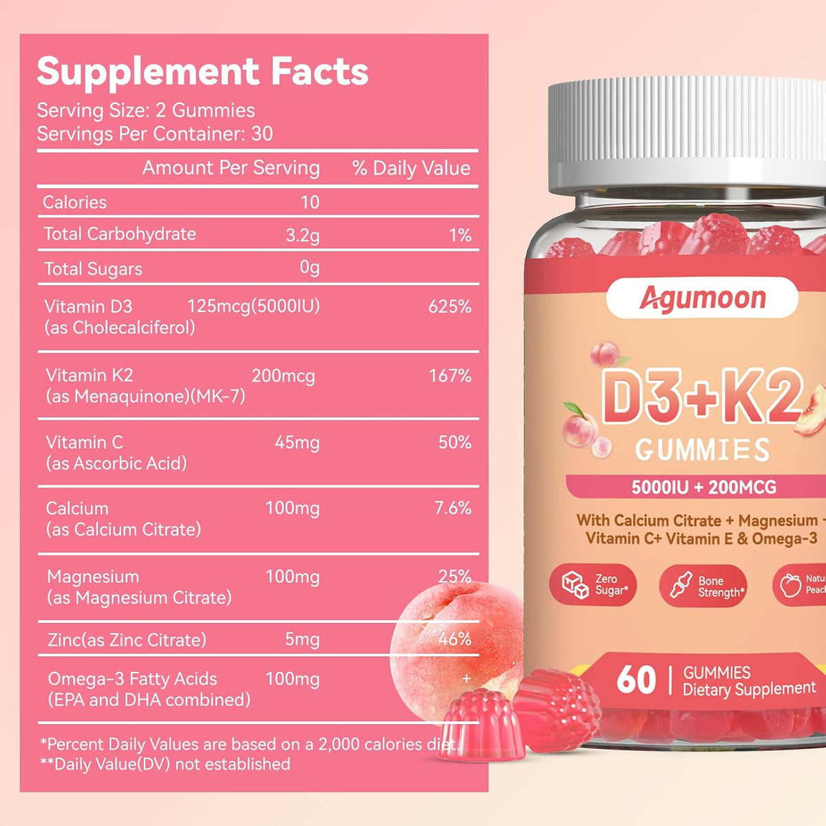 Vitamin D3 K2 Gummies for Adults – 5000 IU D3 + 200 mcg K2 (MK-7) with Omega-3, Calcium, Magnesium – 120 Gummies - görsel 2