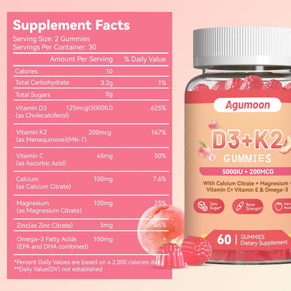 Vitamin D3 K2 Gummies for Adults – 5000 IU D3 + 200 mcg K2 (MK-7) with Omega-3, Calcium, Magnesium – 120 Gummies