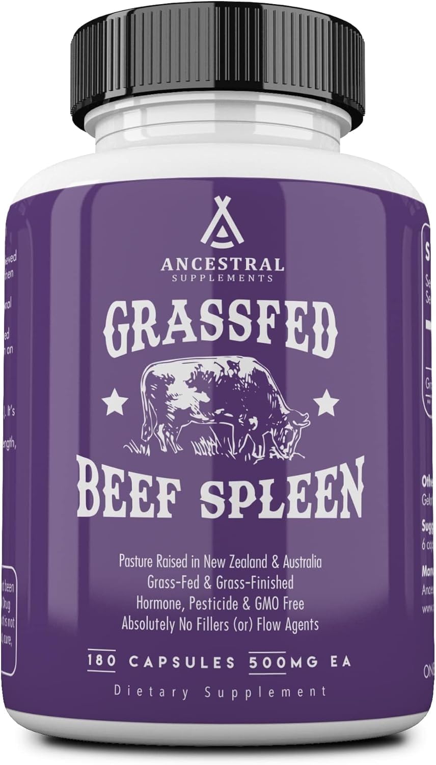 Ancestral Supplements Grass Fed Beef Spleen Food Supplement - 3000mg, 180 Capsules - görsel 1