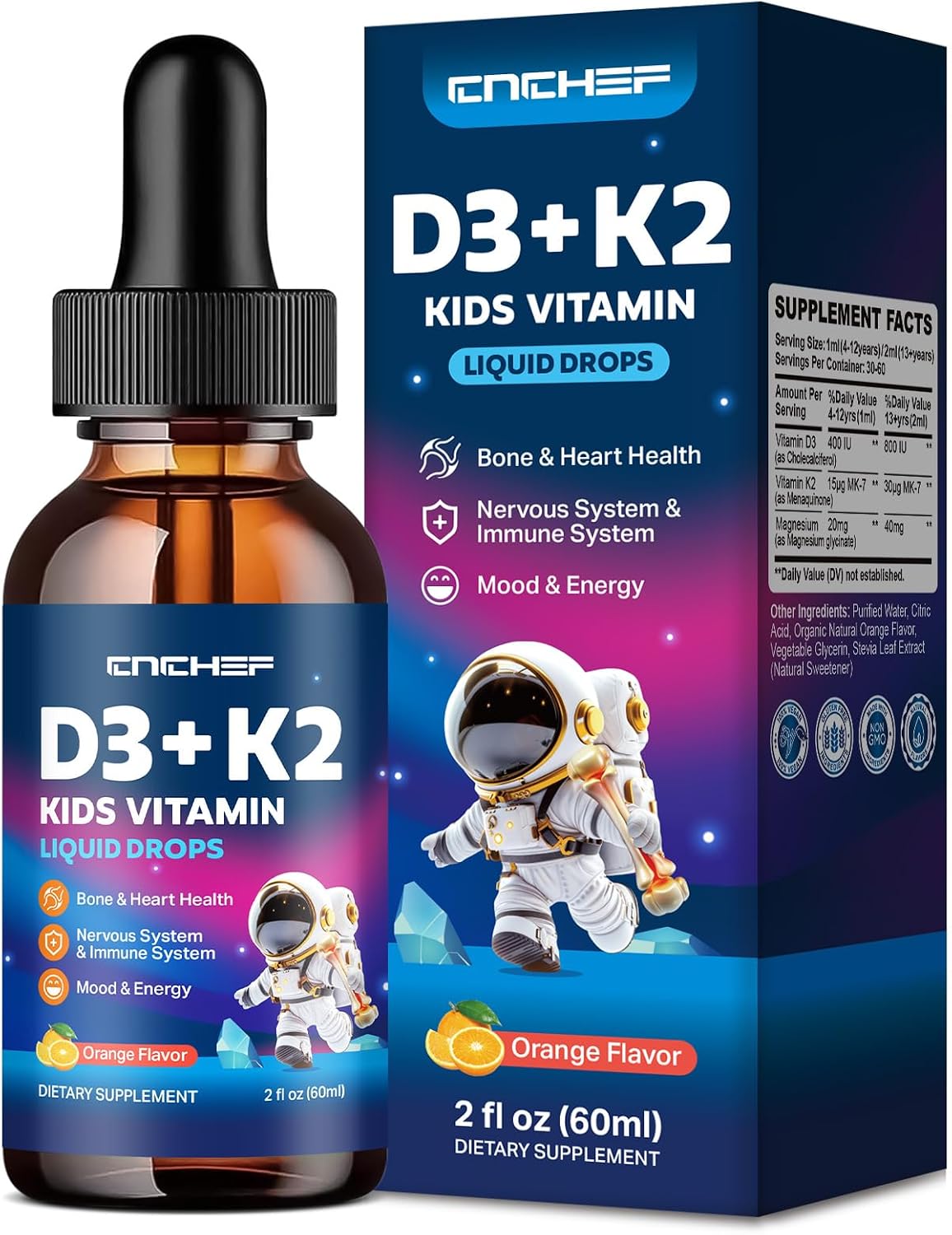 CNCHEF Vitamin D3 K2 Drops for Kids - Liquid Supplement with Magnesium, Orange, 60 ml - görsel 1