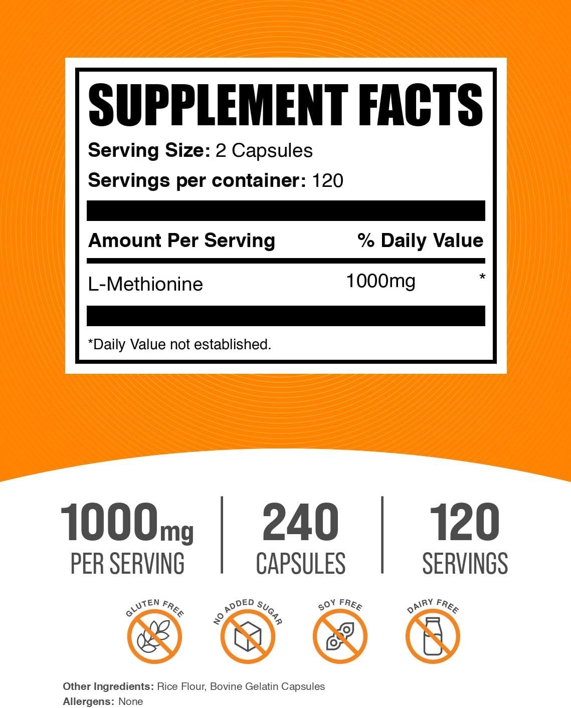 BulkSupplements.com L-Methionine Capsules (1000 mg, 240 Capsules) - görsel 2