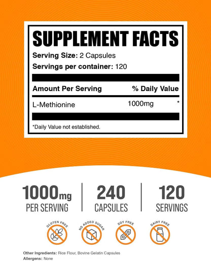BulkSupplements.com L-Methionine Capsules (1000 mg, 240 Capsules)