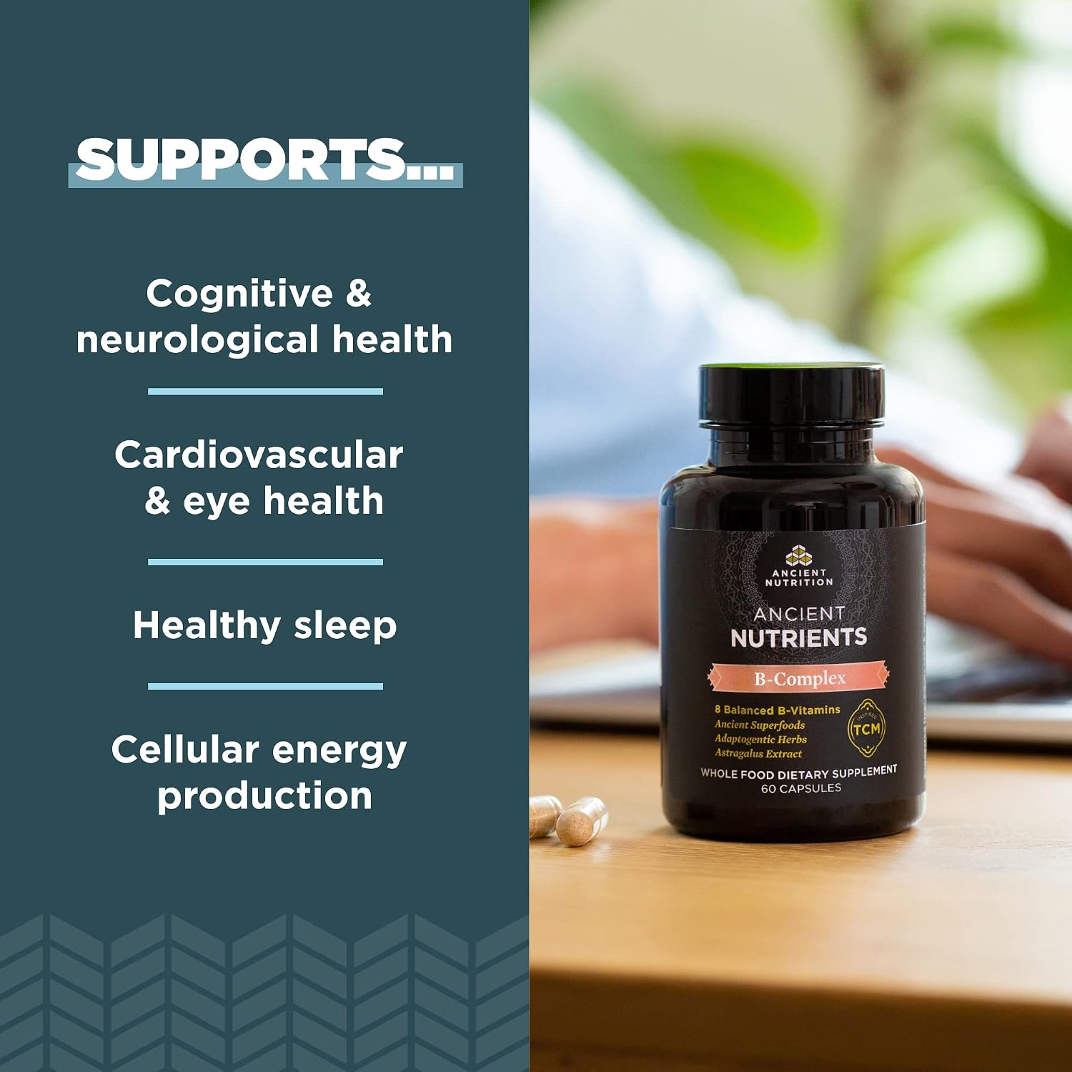 Ancient Nutrition Vitamin B Complex Supplement, 8 Balanced B-Vitamins, Enzyme Activated with Botanicals, Paleo & Keto Friendly, 60 Capsules - görsel 2