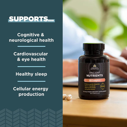 Ancient Nutrition Vitamin B Complex Supplement, 8 Balanced B-Vitamins, Enzyme Activated with Botanicals, Paleo & Keto Friendly, 60 Capsules