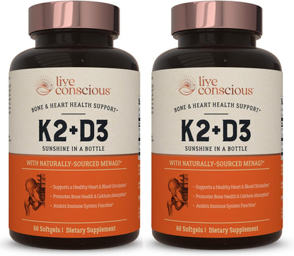 Live Conscious Vitamin K2 MK-7 with Vitamin D3 5000 IU - Bone & Heart Health Support, 2-Pack