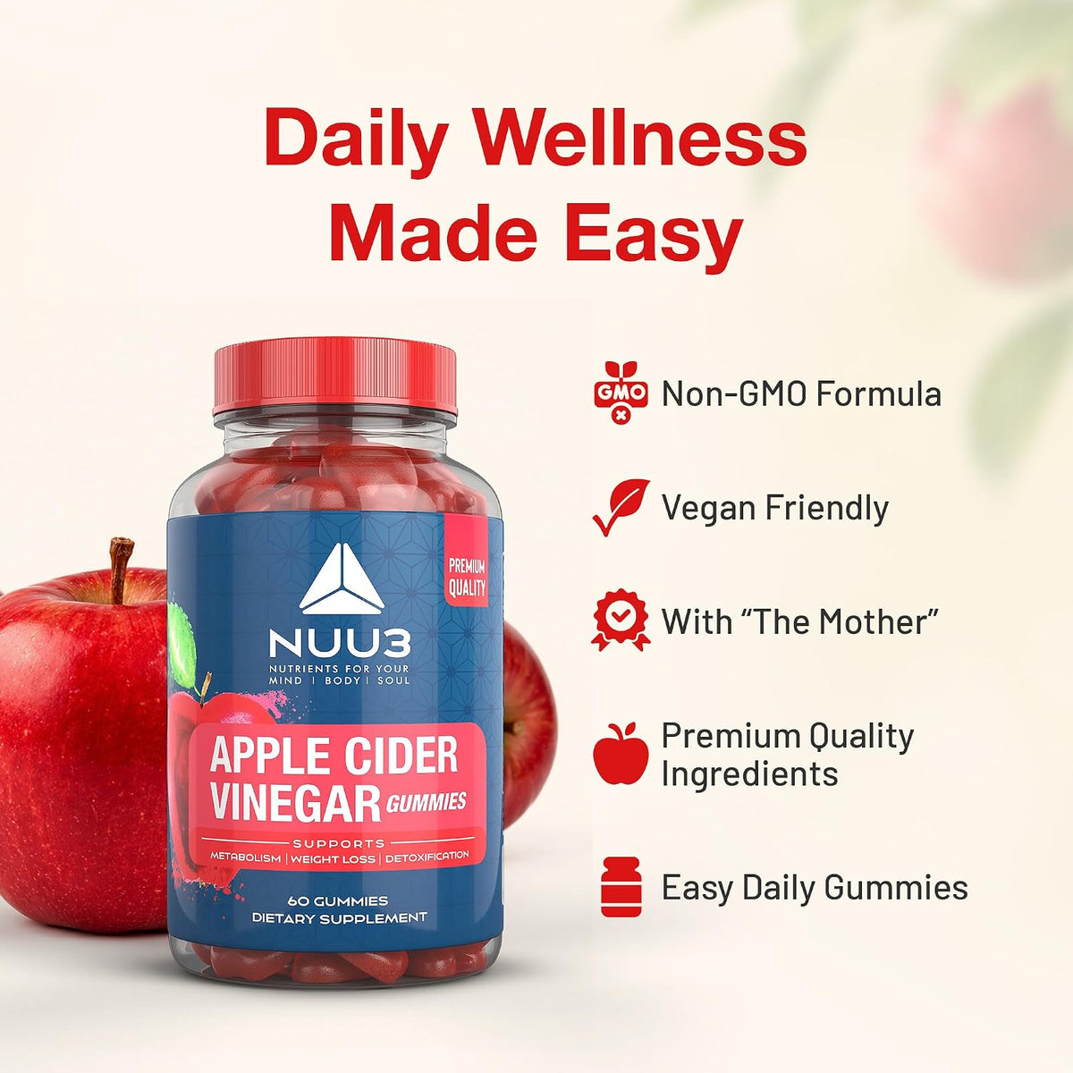 Apple Cider Vinegar Gummies – Support for Energy, Immunity & Gut Health – Folate, Iodine, Pomegranate, Beet Root, Vitamins B-6 & 12 – (60 Count, Pack of 1) - görsel 5