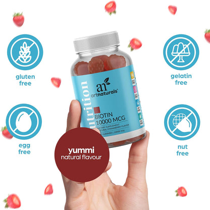 Artnaturals Biotin Gummies – 10,000mcg for Hair, Skin & Nails – Natural Strawberry – 100 Gummies