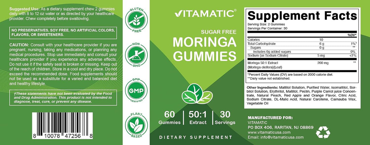 Vitamatic Moringa Gummies – Sugar-Free, Vegan, 200mg Superfood Extract (60 Count) - görsel 10