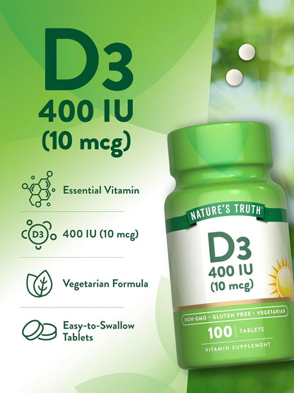 Nature's Truth Vitamin D3 | 400 IU (10 µg) | 100 Tablets | Vegetarian, Non-GMO & Gluten-free Supplement