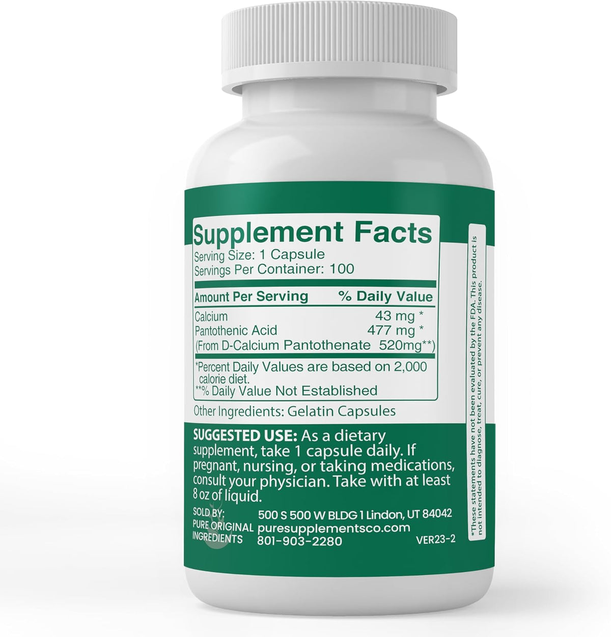 Pure Original Ingredients Pantothenic Acid - Vitamin B5 Supplement, 100 Capsules – Image 3