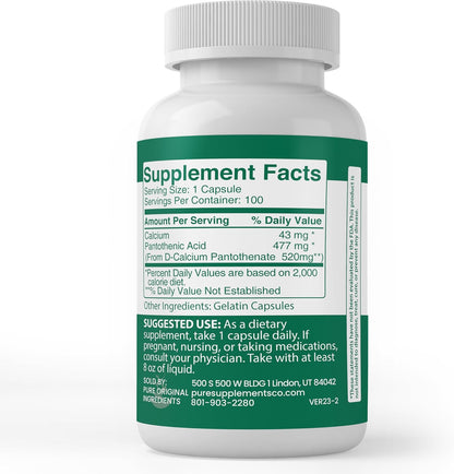 Pure Original Ingredients Pantothenic Acid - Vitamin B5 Supplement, 100 Capsules – Image 3
