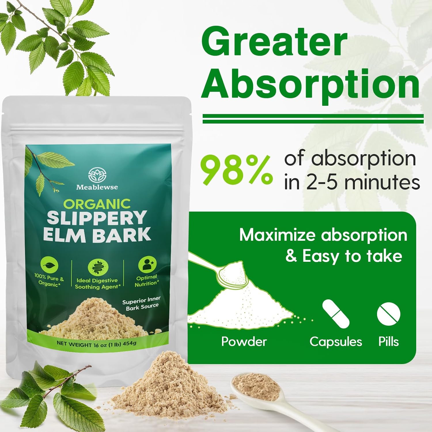Meablewse Slippery Elm Bark Powder, 454g (349 Servings) - 100% Pure, Vegan, Non-GMO, Gluten-free - görsel 7