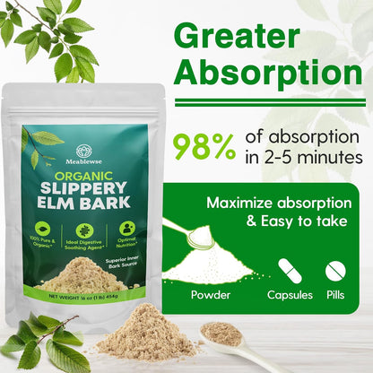Meablewse Slippery Elm Bark Powder, 454g (349 Servings) - 100% Pure, Vegan, Non-GMO, Gluten-free