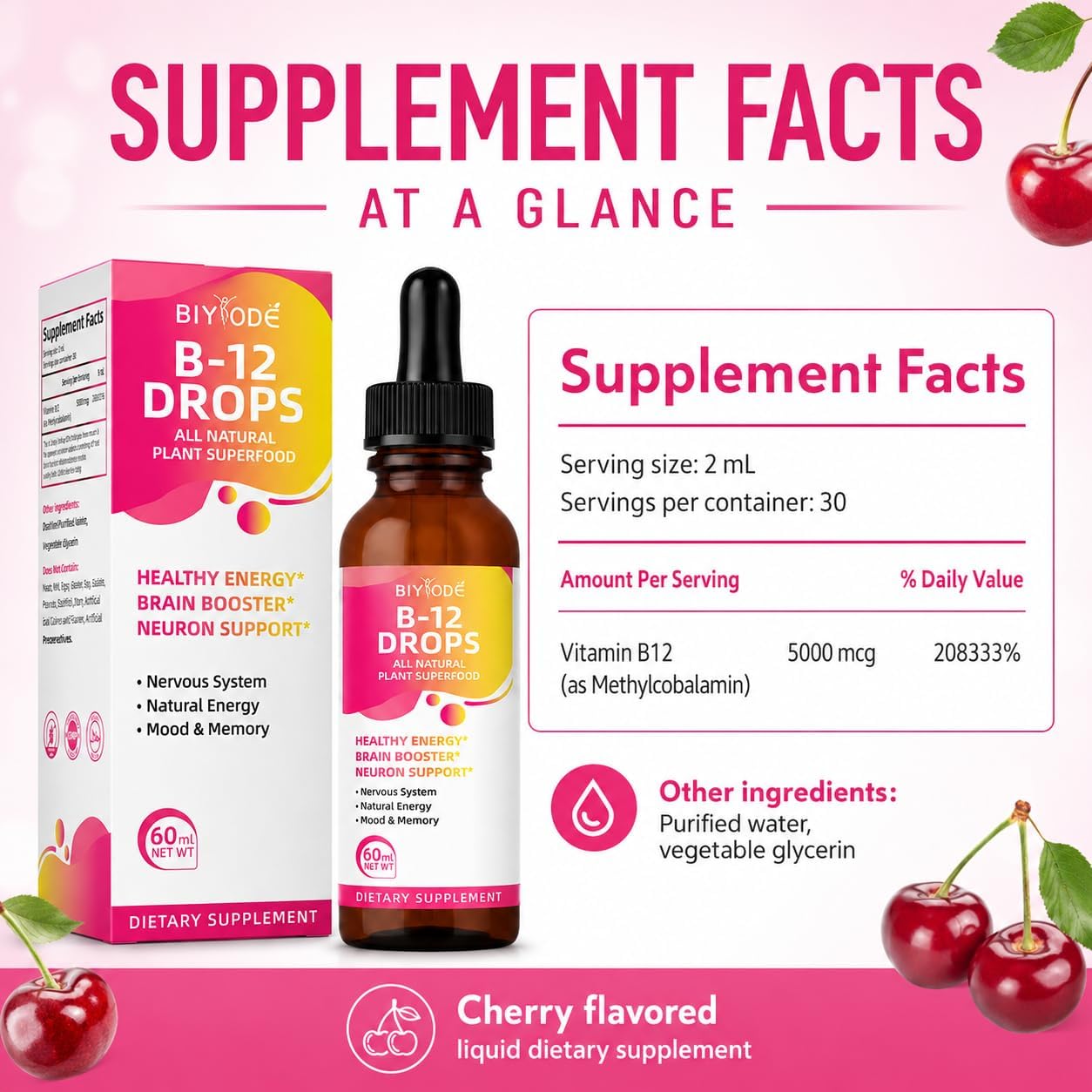 BIYODE Vitamin B12 5000 mcg Liquid Drops, Cherry Flavour, 60ml - görsel 2