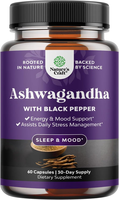 Ashwagandha Root Powder Capsules 1300 mg – Premium Relaxation & Sleep Supplement – Calming Energy for Women and Men – 60 Count