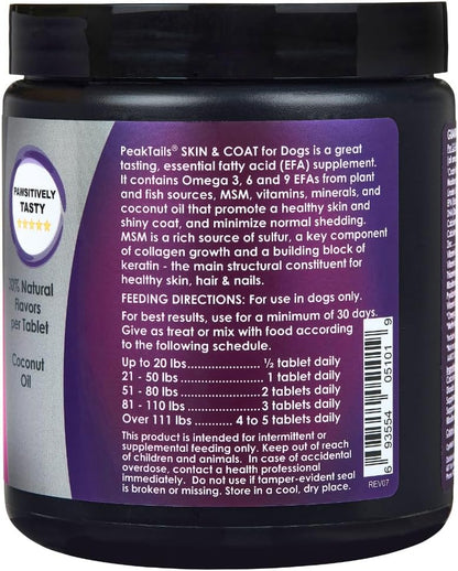 Kala Health PeakTails Skin & Coat Support for Dogs – 90 Chewable Tablets with MSM, Fish Oil, Omega-3 & Omega-6 – Helps Maintain Healthy Skin and a Shiny Coat