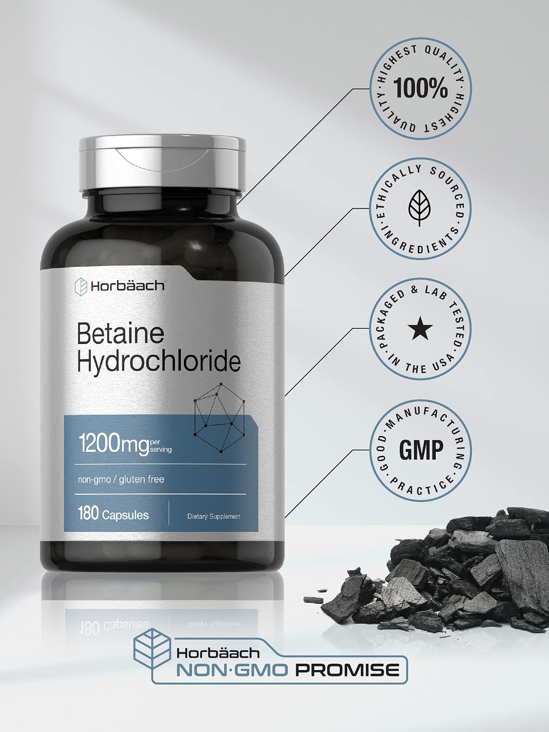 Horbäach Betaine HCl 1200mg - Betaine Hydrochloride Supplement (180 Capsules) - görsel 5