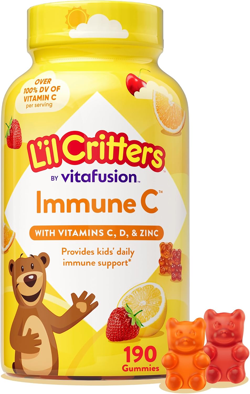 L'il Critters Children's Immune C | Vitamin C and Zinc Gummies | 190 Count | Assorted Fruit Flavours | Gluten and Dairy-Free Children's Gummy Supplement - görsel 1