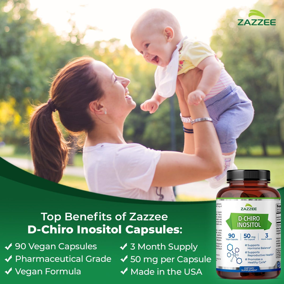Zazzee D-Chiro-Inositol, 50 mg per Capsule, 90 Vegan Capsules, Ideal for 40:1 Ratio with Myo-Inositol, 3-Month Supply, 100% Vegetarian, Non-GMO - görsel 3