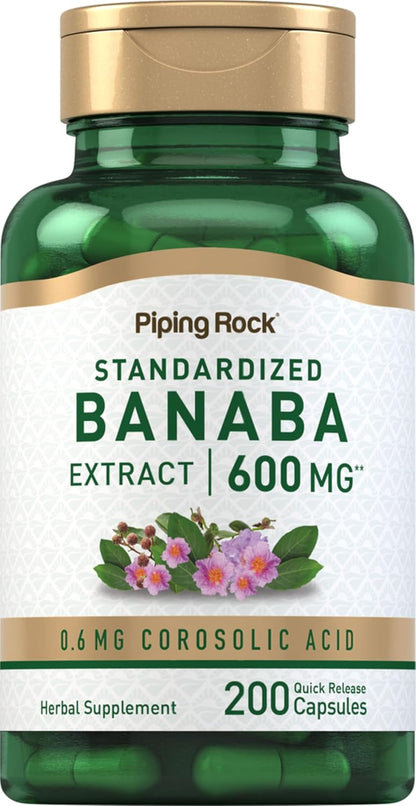 Piping Rock Banaba Leaf Extract Capsules - Standardised to 0.6 mg Corosolic Acid, Non-GM, Gluten-Free, 200 Quick-Release Capsules
