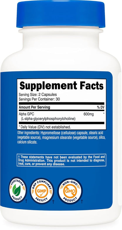 Nutricost Alpha GPC 600mg (300mg per Capsule) - 120 Vegetarian Capsules