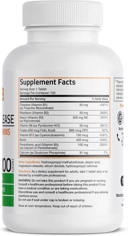 Bronson Super B Vitamin B Complex – Sustained Slow Release, 100 Tablets