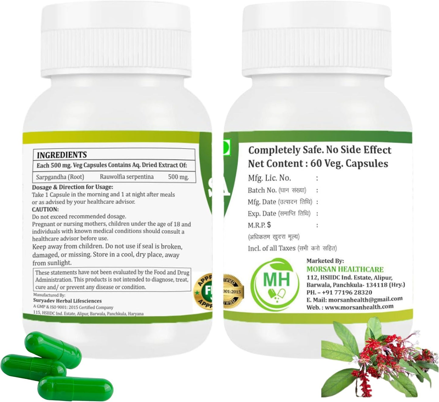 Morsan Health care Sarpgandha (Rauwolfia Serpentina) Capsules – Pack of 2 x 60 Veg Capsules | 500 mg Herbal Extract - görsel 2