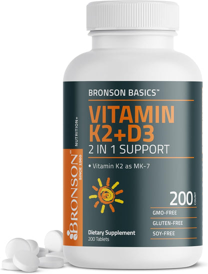 Bronson Vitamin K2 D3 (MK7) Supplement – 5000 IU D3 & 90 mcg K2 MK-7, Non-GMO, 360 Tablets