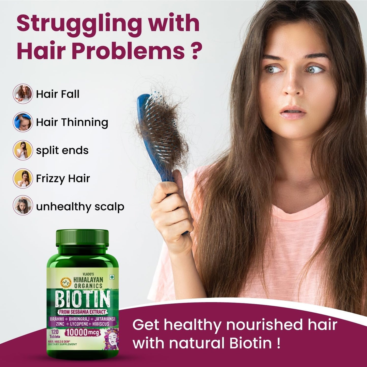 Himalayan Organics Biotin 10000mcg for Hair, Skin and Nails Tablets - 120 Count - görsel 7