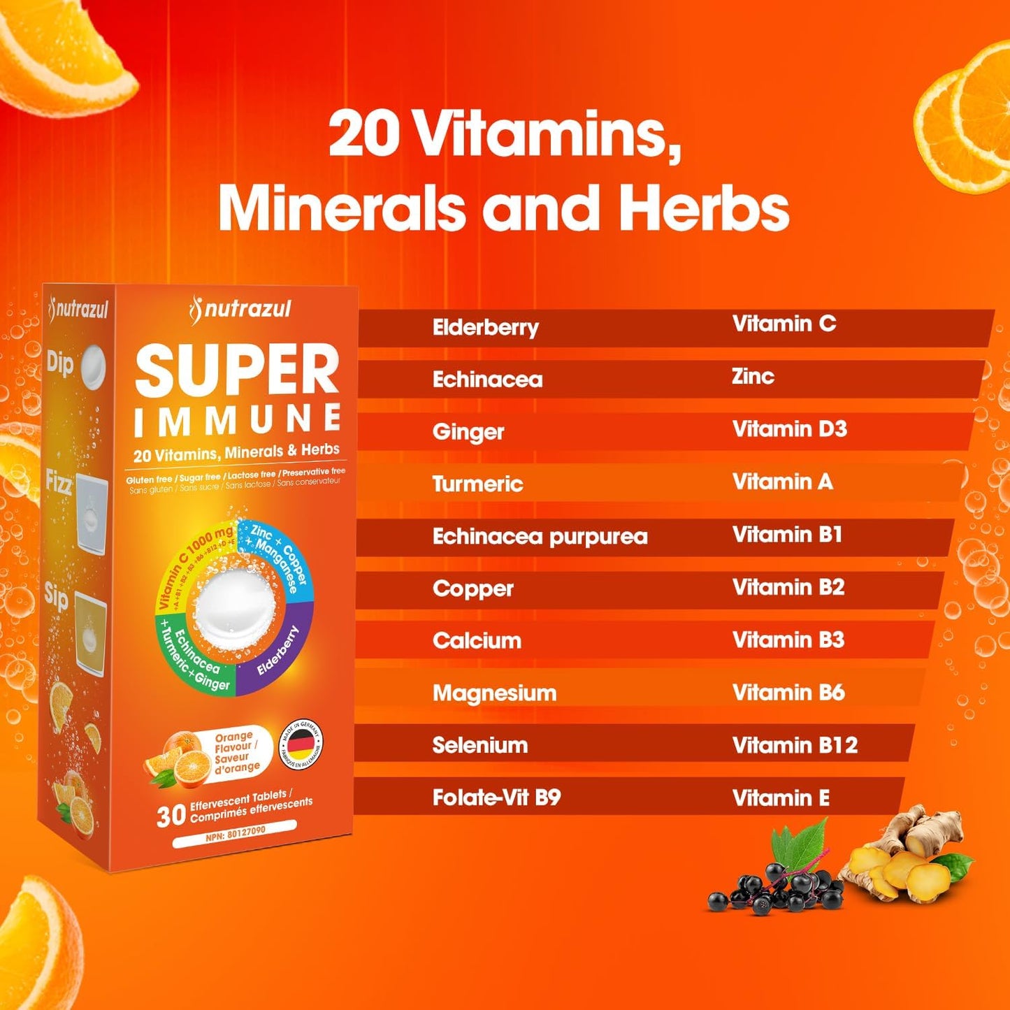 nutrazul Super Immune 30 Effervescent Tablets, 20 Vitamins & Minerals, Herbal Extracts to Support Daily Routine, Vitamin C, Zinc, Elderberry & Echinacea, Gluten-free, Sugar-Free, Orange Flavour - görsel 2