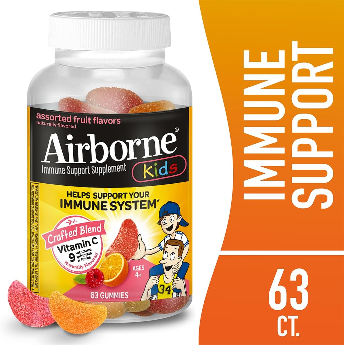 Airborne Kids Vitamin C + Zinc Immune Support Gummies, 500mg, Assorted Fruit, Gluten-free, 63 Count (Pack of 4) - görsel 2
