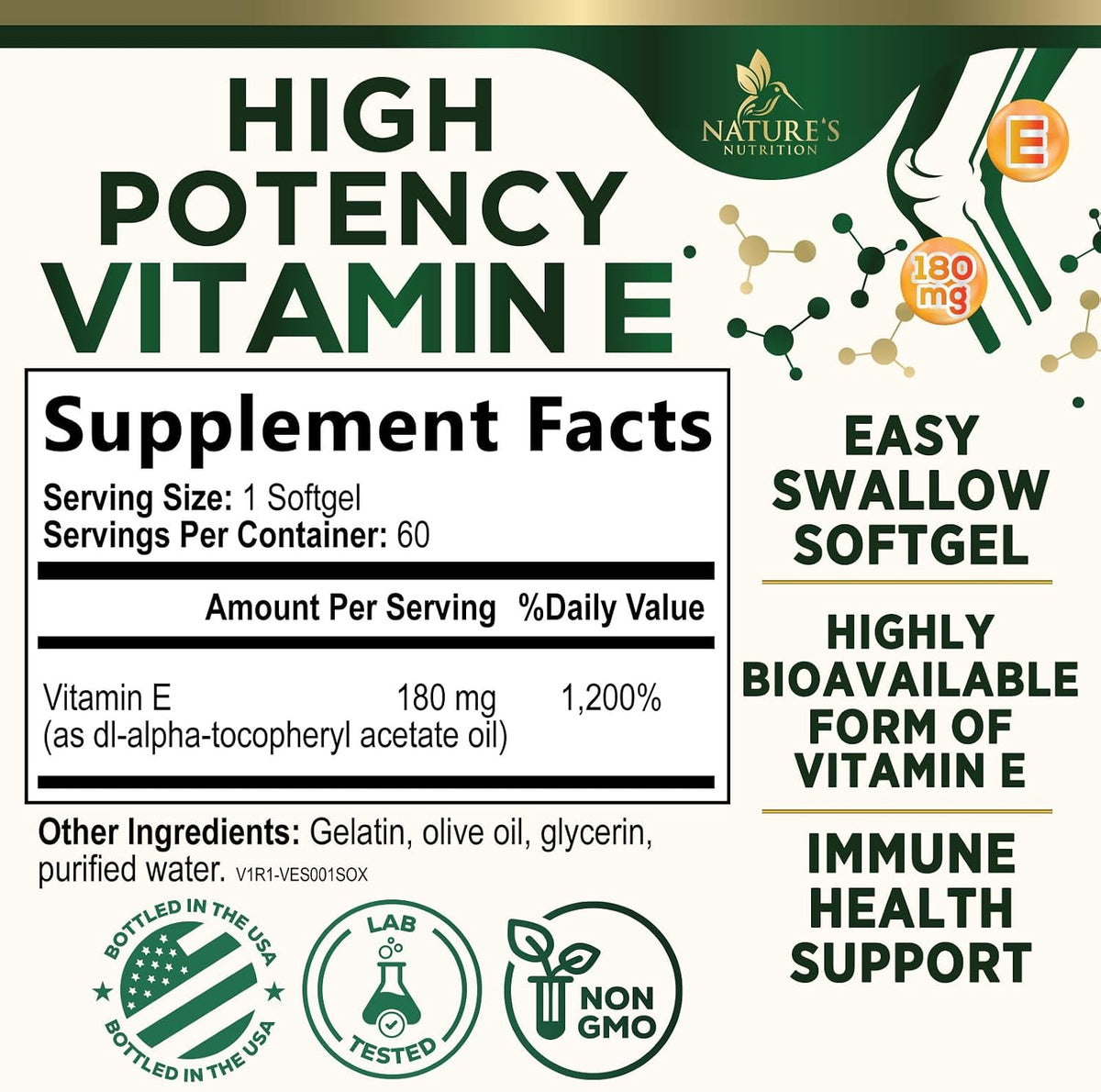 Vitamin E 180mg Per Serving - dl-Alpha Tocopherol Supplement for Skin and Immune Support - 60 Soft gel capsules - görsel 2
