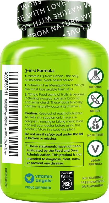 NATURELO Vitamin D3 K2 - Vegan D3 from Lichen with K2 MK-7, 120 Capsules (2-Pack)