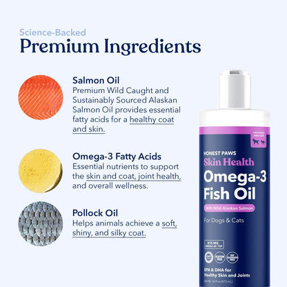 Salmon Oil for Dogs & Cats – Omega-3 Fish Oil Supplement for Skin, Coat, Joint & Heart Health – Natural, Sustainably Sourced Wild Alaskan Salmon, 473 ml
