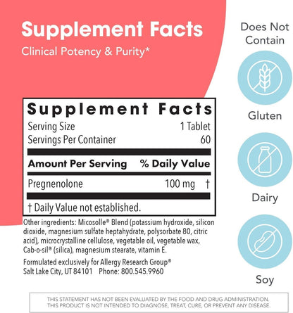 Allergy Research Group ARG Pregnenolone 100 mg – Micronised Hormone Precursor Support – Highly Bioavailable – Hypoallergenic – 60 Tablets