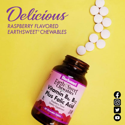 Bluebonnet Nutrition Earth Sweet Vitamin B6, B12 & Folic Acid Chewable Tablets, Raspberry Flavour