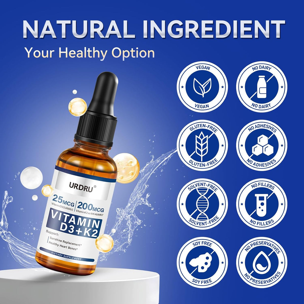 URDRU Organic Vitamin D3 K2 Liquid Drops - 1000 IU D3 & 200 mcg K2 - 30 ml Maximum Absorption Drops for Immune and Mood, Bone and Teeth Health - görsel 6